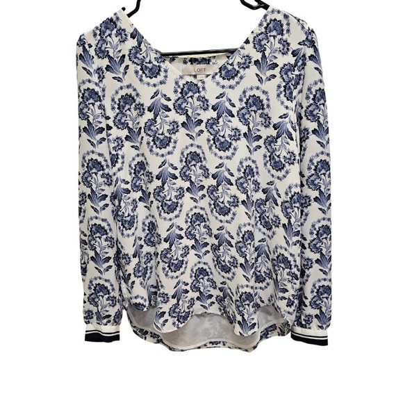 Loft Blue and White Floral Print Long Sleeve Blouse - Picture 1 of 3